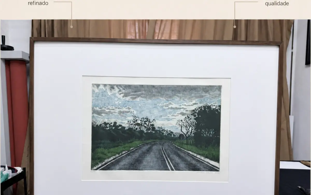 Montagem técnica de obra em moldura artesanal